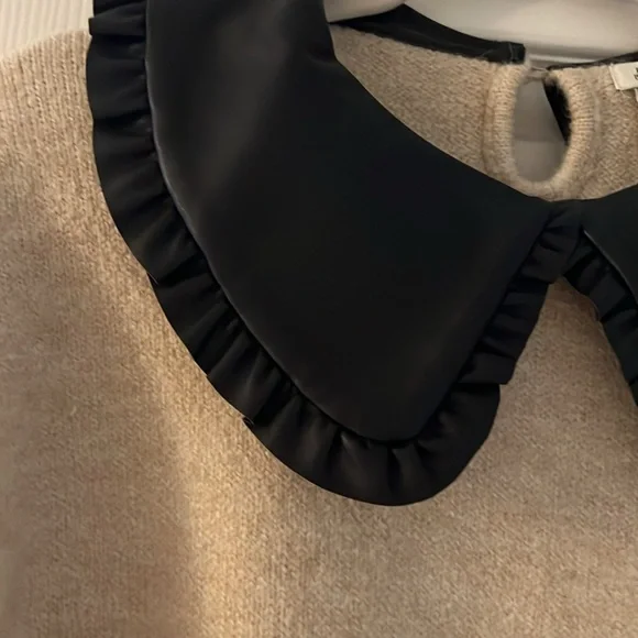 River Island Cream Sweater with Black Leather Ruffled Collar - Picture 3 of 5